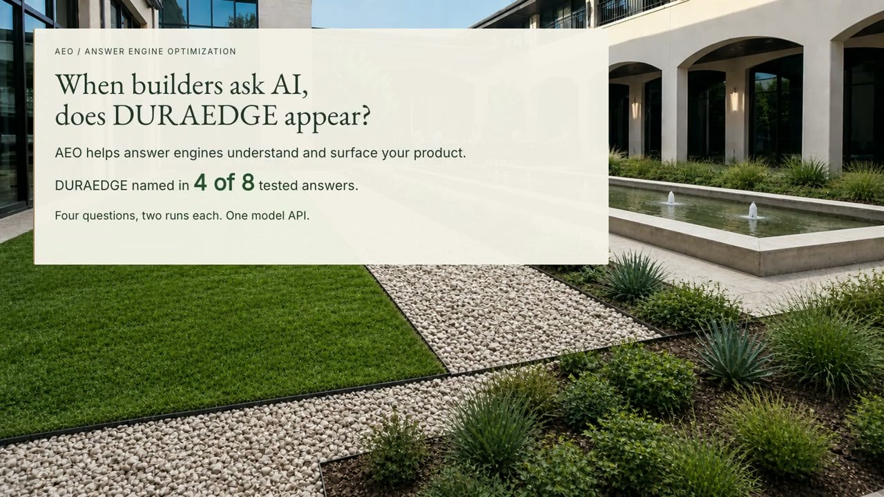 When builders ask AI, does DURAEDGE appear? Named in 4 of 8 tested answers.